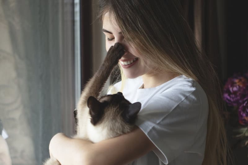 Transitioning Your Heat Pump. Image is a photograph of a young woman hugging her cat in front of the window.