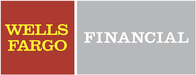 Two-panel branding graphic: 'WELLS FARGO' in yellow on red left panel, and 'FINANCIAL' in white on gray right panel.