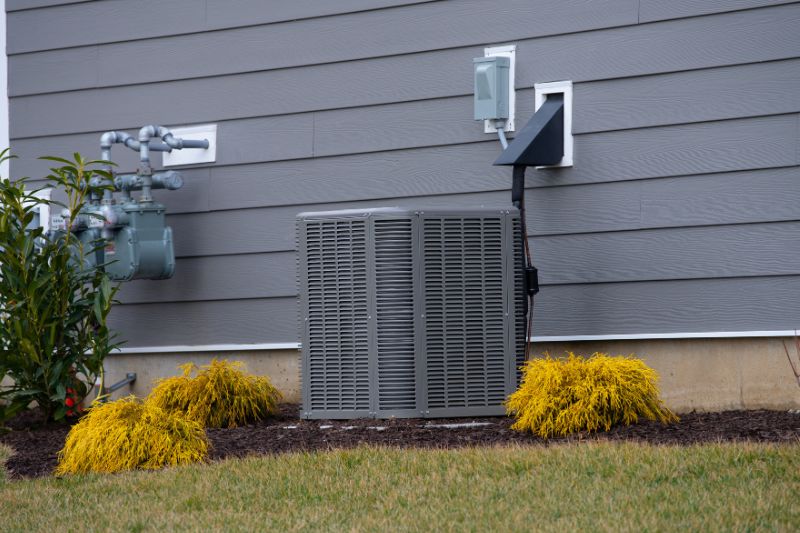Outdoor air conditioner condenser unit against a gray house wall, with yellow ornamental grasses in front and utility connections nearby.